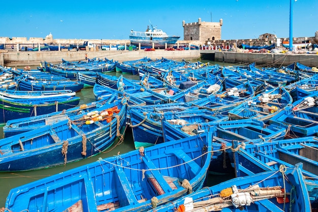 Une flotte de bateaux de pêche bleus entassés dans le port d'Essaouira au Maroc