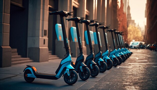 Flotte de scooters électriques stationnés dans une ville Ai générative