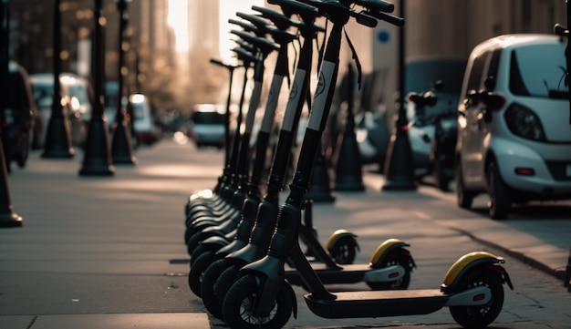 Flotte de scooters électriques stationnés dans une ville Ai générative