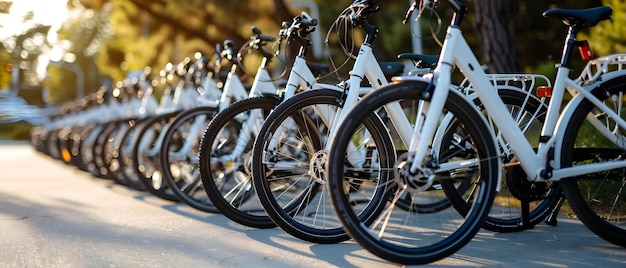 La flotte de vélos SunKissed pour les trajets durables attend les coureurs Concept de transport écologique Vélo SunKussed pour les déplacements durables Mobilité urbaine Transport vert