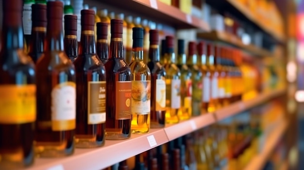 Flou abstrait des bouteilles de vin sur les étagères de l'alcool alcoolisé dans l'arrière-plan du magasin de supermarché Illustrateur d'IA générative