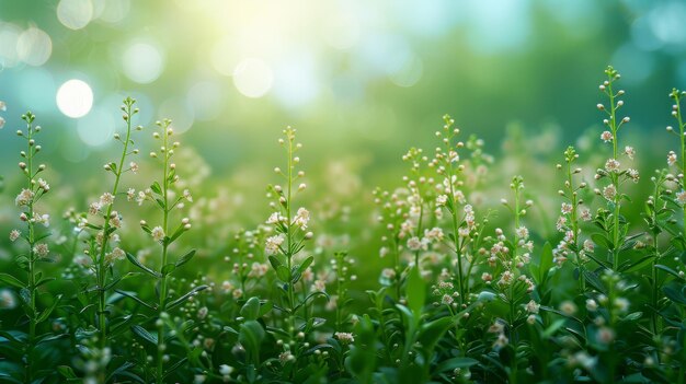 Un flou abstrait d'une pâture de lumière bokeh vert doux contre un ciel bleu contre un lever de soleil à l'automne