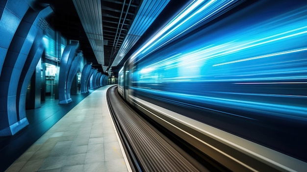 Flou bleu de mouvement d'un train automatique se déplaçant dans un tunnel IA générative