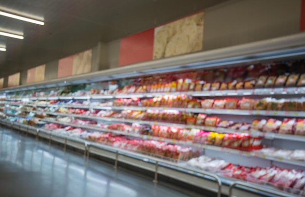 Flou défocalisé de viande de supermarché avec des produits laitiers Arrière-plan flou avec bokeh