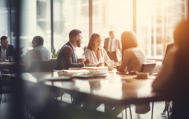 Flou doux de personnes se réunissant à table des gens d'affaires parlant dans un bureau moderne