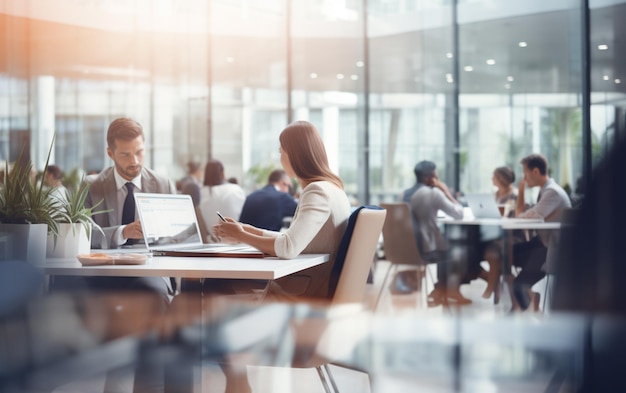 Flou doux de personnes se réunissant à table des gens d'affaires parlant dans un bureau moderne