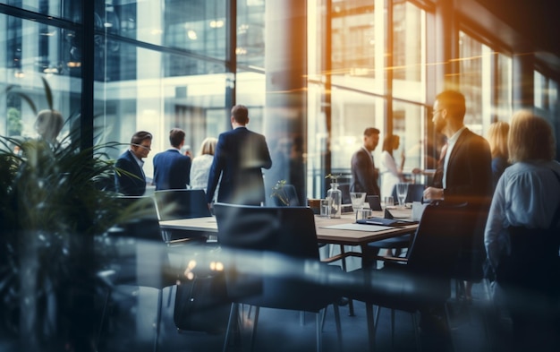 Flou doux de personnes se réunissant à table des gens d'affaires parlant dans un bureau moderne