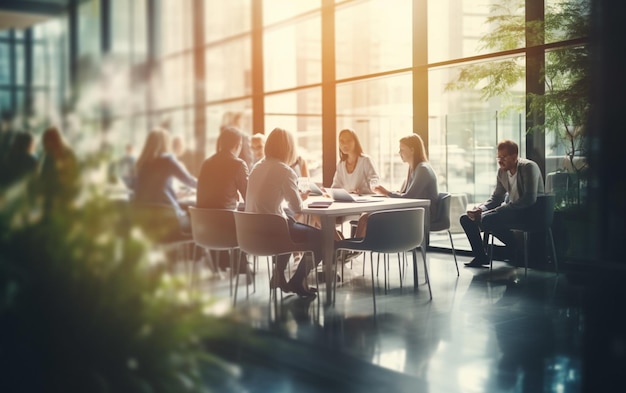 Flou doux de personnes se réunissant à table des gens d'affaires parlant dans un bureau moderne