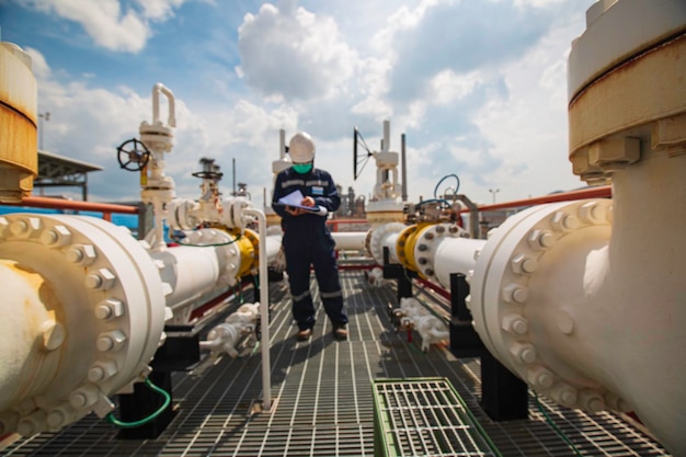 Flou inspection des travailleurs masculins dans les longs tuyaux en acier et le coude de tuyau dans l'usine pétrolière de la station pendant la vanne de raffinerie de l'enregistrement de contrôle visuel du réservoir de pipeline de pétrole et de gaz