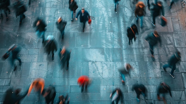 Un flou de mouvement occupé et des hommes d'affaires en ville pour se rendre au travail à pied à l'heure de pointe à la vitesse du métro