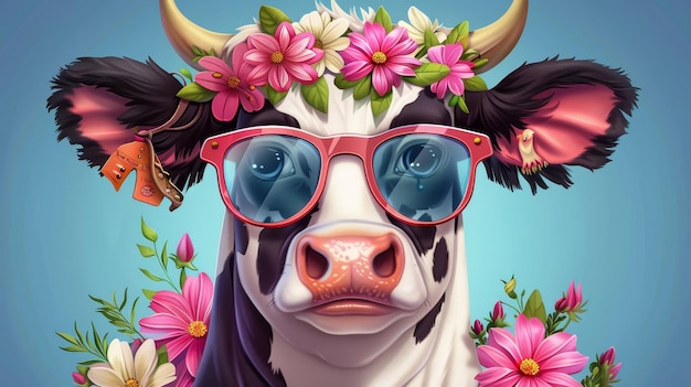 Photo flower power fashionista dessin animé art stylisé vache hippie avec des lunettes de soleil et des yeux drôles