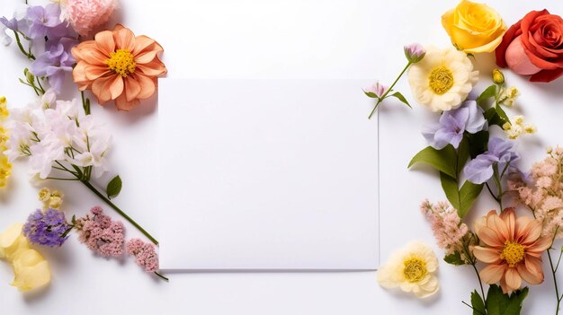 Photo flowers and envelope on white background postcard mockup floral frame of spring flowers envelope and