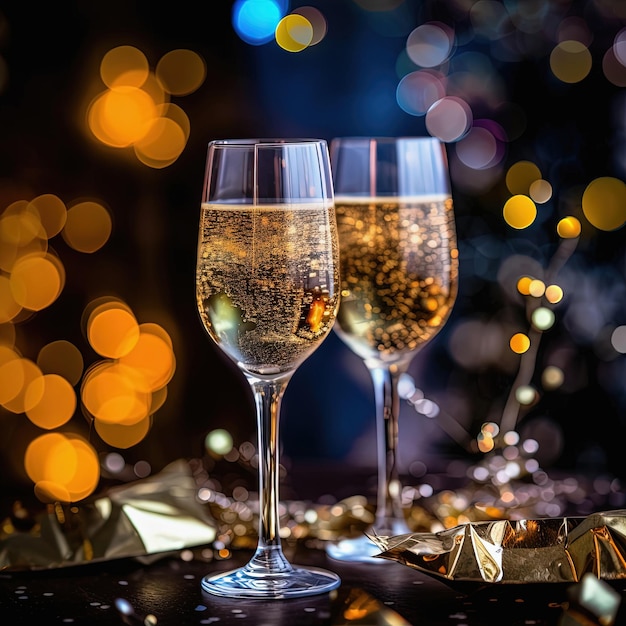 Flûtes à champagne de fête du Nouvel An sur fond coloré avec lumières bokeh
