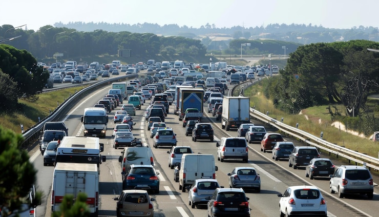 Photo flux de circulation sur l'autoroute a10 à huit voies en france en direction de bordeaux par une chaude journée d'été