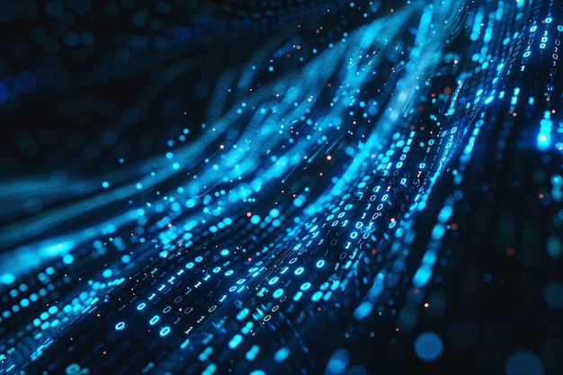 Flux de données numériques de nombres bleus et de codes circulant dans l'espace sombre arrière-plan abstrait pour la technologie ou le concept d'information numérique avec un nombre binaire sur écran noir