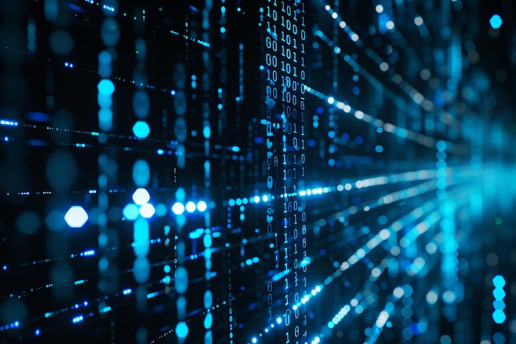 Photo flux de données numériques de nombres bleus et de codes circulant dans l'espace sombre arrière-plan abstrait pour la technologie ou le concept d'information numérique avec un nombre binaire sur écran noir