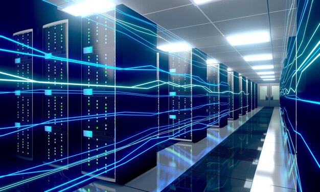 Flux d'informations numériques à travers le centre de données avec de nombreux racks informatiques