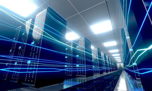 Flux d'informations numériques à travers le centre de données avec de nombreux racks informatiques