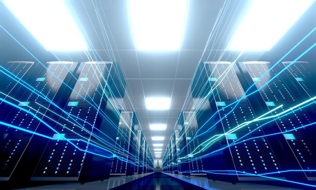 Flux d'informations numériques à travers le centre de données avec de nombreux racks informatiques