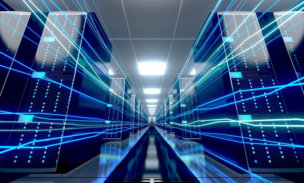 Flux d'informations numériques à travers le centre de données avec de nombreux racks informatiques