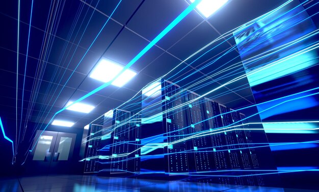 Flux d'informations numériques à travers le centre de données avec de nombreux racks informatiques