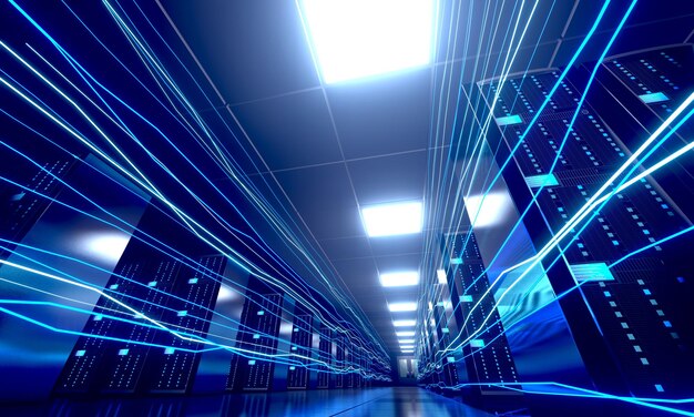 Flux d'informations numériques à travers le centre de données avec de nombreux racks informatiques