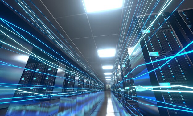 Flux d'informations numériques à travers le centre de données avec de nombreux racks informatiques