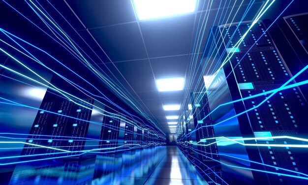 Flux d'informations numériques à travers le centre de données avec de nombreux racks informatiques