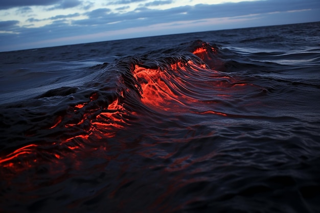 Flux de lave rouge coulant dans un océan sombre
