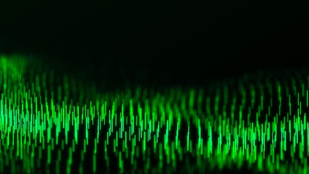 Flux d'onde dynamique abstrait de lignes verticales vertes sur fond sombre Concept d'arrière-plan d'onde numérique Visualisation de données volumineuses