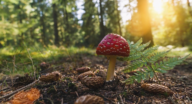 Fly Agaric dans la forêt avec la lumière du soleil, avec espace de copie pour votre texte individuel.