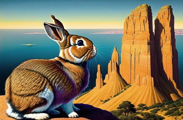 Photo flyer de lapin de pâques dans le paysage naturel design de thème de pâques moderne joyeuses pâques générées par l'ia