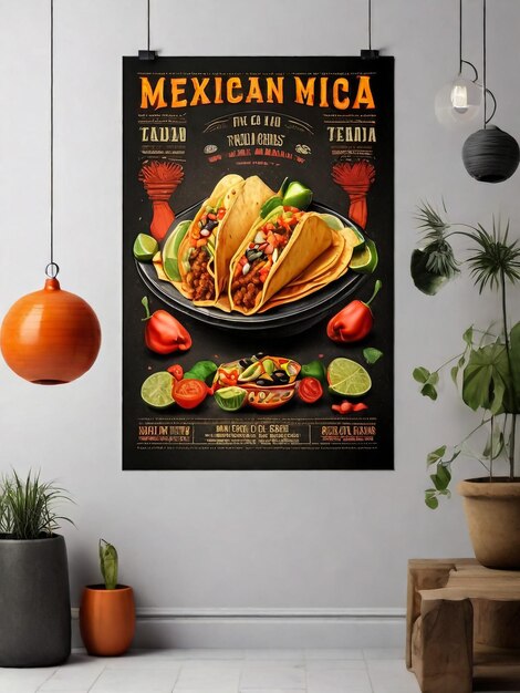 Flyer publicitaire de nourriture mexicaine brochure bannière promotionnelle affiche de cuisine nationale avec les couleurs du drapeau et des taco nachos et autres style plat de dessin animé