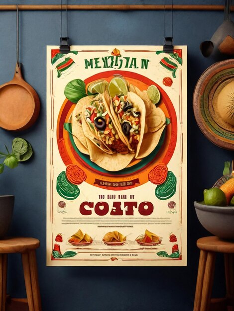 Flyer publicitaire de nourriture mexicaine brochure bannière promotionnelle affiche de cuisine nationale avec les couleurs du drapeau et des taco nachos et autres style plat de dessin animé