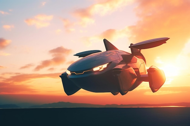 Flying Car futuriste AIPowered véhicule planant au coucher du soleil