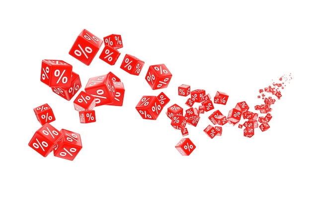 Flying Red Percent Sale Cubes sur fond blanc. Rendu 3D.