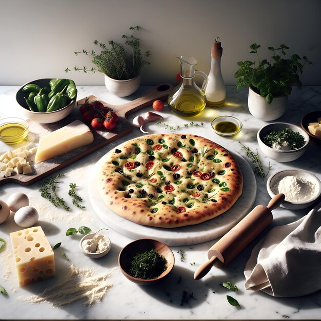 Focaccia ligure de Recco sur le comptoir de cuisine en marbre