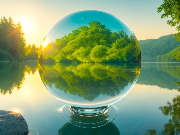 Photo focus doux d'une bulle avec la réflexion d'un paysage naturel