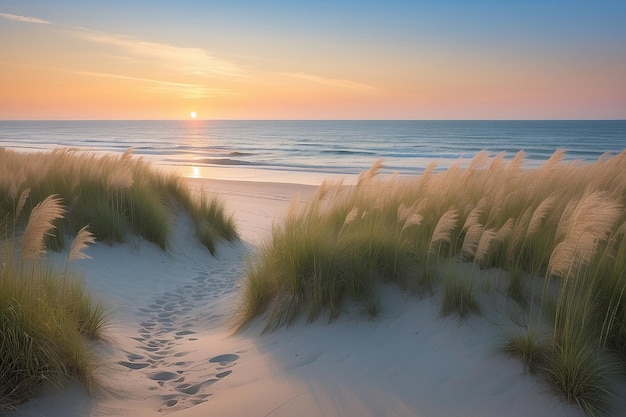 Photo focus doux sélectif des tiges d'herbe sèche de plage aux tiges de coucher de soleil pastel lumière floue mer en arrière-plan