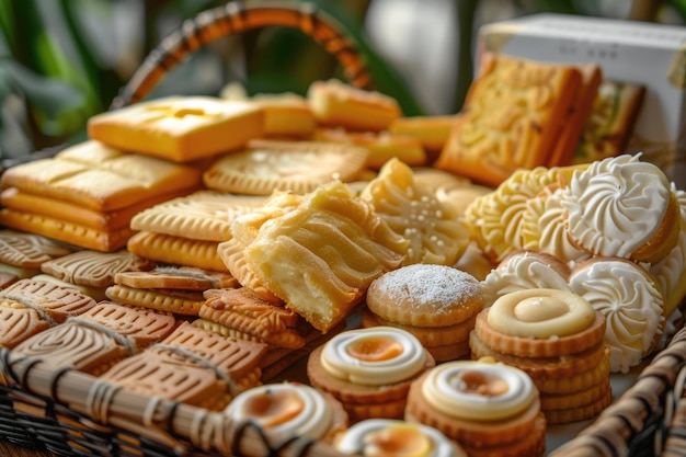 Focus sélectif Parcel Hampers Cadeau sur des biscuits indonésiens assortis pour l'Aïd al Fitr