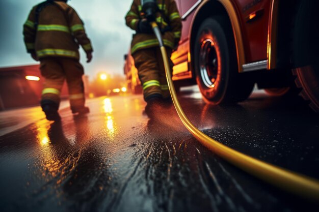 Focus sélectif Pompiers combattant un feu ardent avec des flammes Créé avec Generati