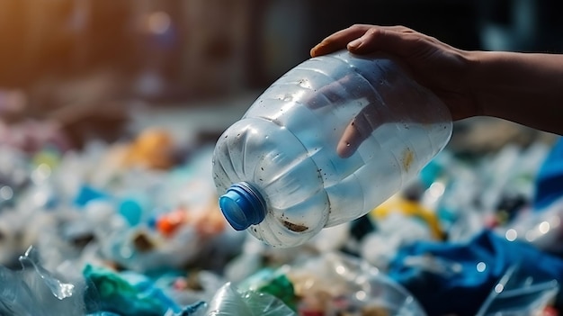 Focus sélectif de près main jetant une bouteille en plastique vide dans le recyclage vêtements IA générative
