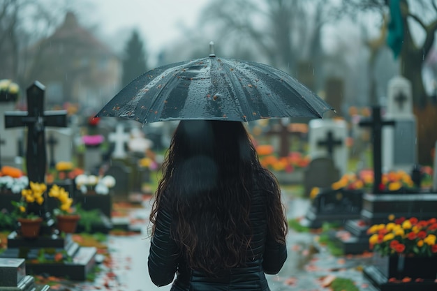 Photo focus sélectif de vue arrière d'une femme portant une robe noire tenant un parapluie un jour de pluie à christian