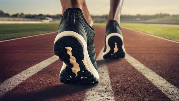 En focus la semelle extérieure de la chaussure de course noire masculine au départ avant la course