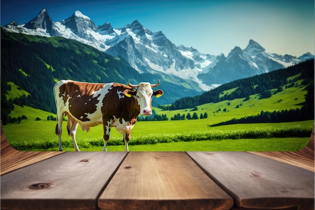 Photo focus table en bois vide avec arbre naturel flou et vache avec fond de prairie