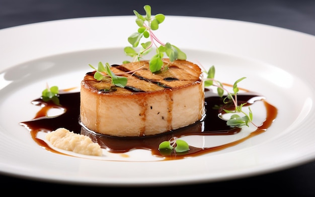 Le foie gras savoureux sur une assiette blanche raffinée