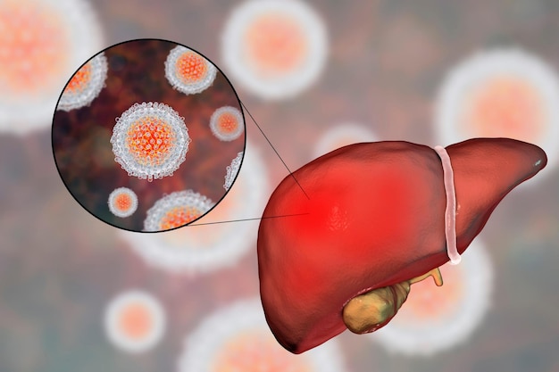 Photo le foie avec infection par l'hépatite c et une vue rapprochée de l'illustration 3d du virus de l' hépatite c hcv