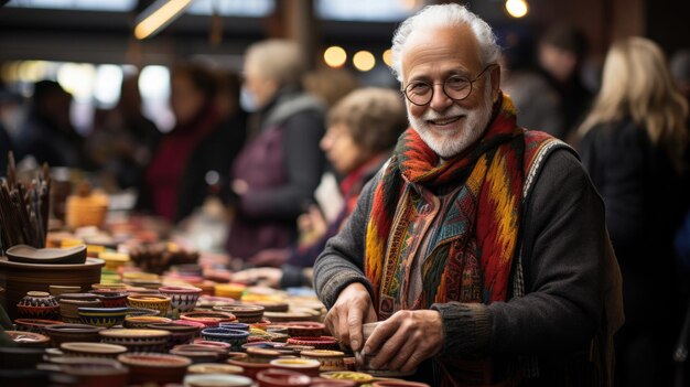 Foire d'art et d'artisanat colorée avec un artisan âgé