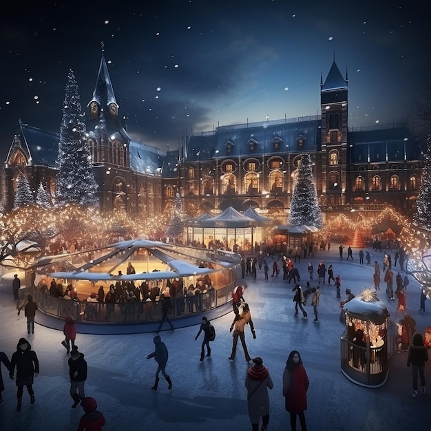 Foire de Noël nocturne magique avec grande roue illuminée et chutes de neige