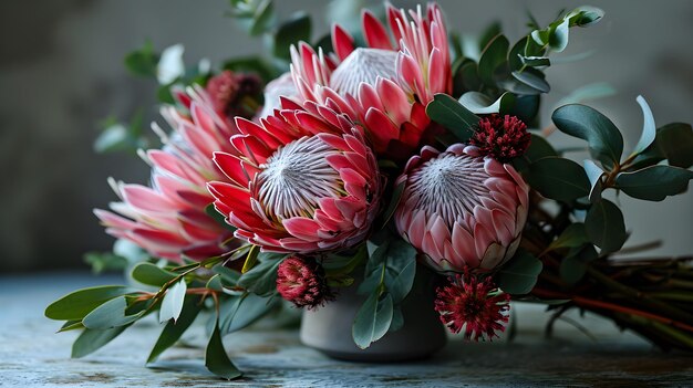 Foliage romantique Protea Bloom et feuilles d'eucalyptus dans un vase IA générative